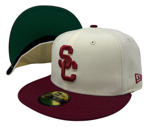 USC Trojans Fitted New Era 59Fifty Chrome Burgundy Cap Hat Green UV