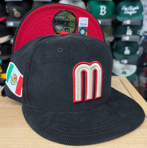 Mexico Fitted New Era 59FIFTY Black Corduroy Hat Cap Red UV