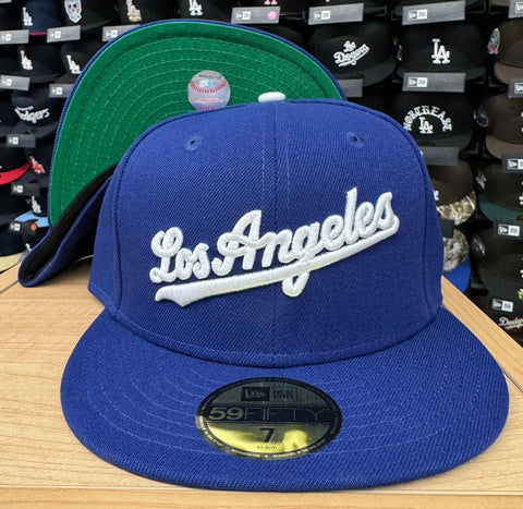 Los Angeles Dodgers Fitted New Era 59Fifty City Script Blue Cap Hat. Green UV