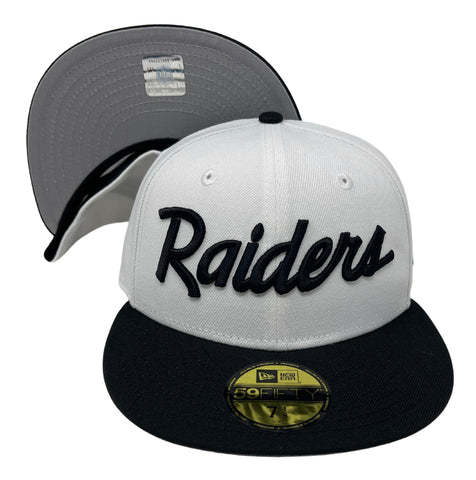 Raiders Fitted New Era 59Fifty Script White Black Cap Hat Grey UV