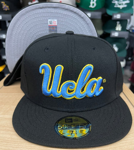 UCLA Bruins Fitted New Era 59Fifty Sky Script YO Black Cap Hat Grey UV