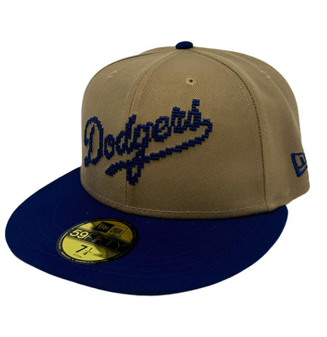 Los Angeles Dodgers Fitted New Era Classic 8-Bit Wordmark 59Fifty Cap Hat Khaki Blue