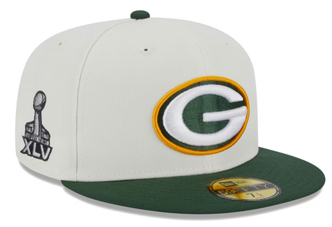 Green Bay Packers Fitted New Era 59Fifty Super Bowl Patch Chrome Cap Hat Grey UV