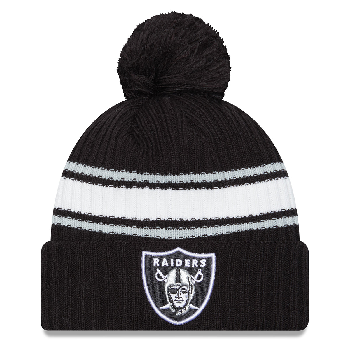 Oakland Raiders Beanie New Era Black Striped Fold Knit Pom Hat