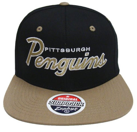 Pittsburgh Penguins Script Zephyr Snapback Cap Hat Black Tan - THE 4TH QUARTER