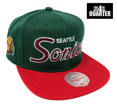 Seattle Sonics Snapback Mitchell & Ness Script Side Patch Green Red Cap Hat