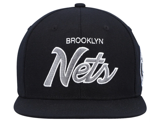 Brooklyn Nets Snapback Mitchell & Ness Silver Script Cap Hat All Black Patch