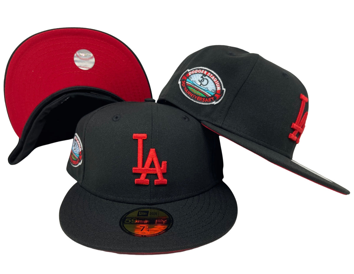 Dodgers Fitted New Era 59Fifty Stadium 50th Ann Black Hat Cap Red
