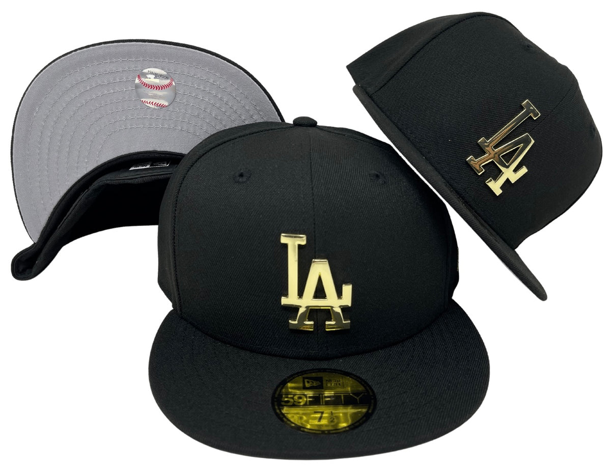 Dodgers Fitted New Era 59Fifty Metal Gold Emblem Black Cap Hat Grey UV