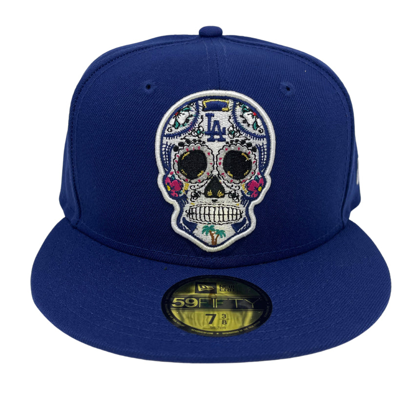 Dodgers Fitted New Era 59FIFTY Day of the Dead Sugar Skull Blue Cap Hat  GREY UV