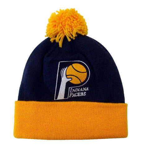 Indiana Pacers Mitchell & Ness Pom Top Cuff Knit Hat Cap Beanie Blue Yellow - THE 4TH QUARTER