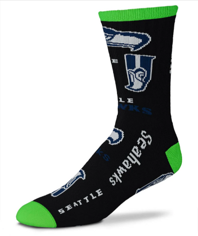 Seattle Seahawks Socks For Bare Feet Crew Large End to End Black