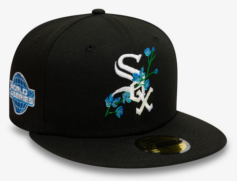 Chicago White Sox Fitted New Era 59Fifty Blue Side Patch Bloom Black Cap Hat Sky UV