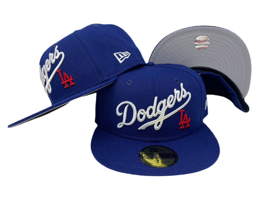 Dodgers Fitted New Era 59Fifty Wordmark LA Blue Cap Hat Grey UV - THE 4TH QUARTER