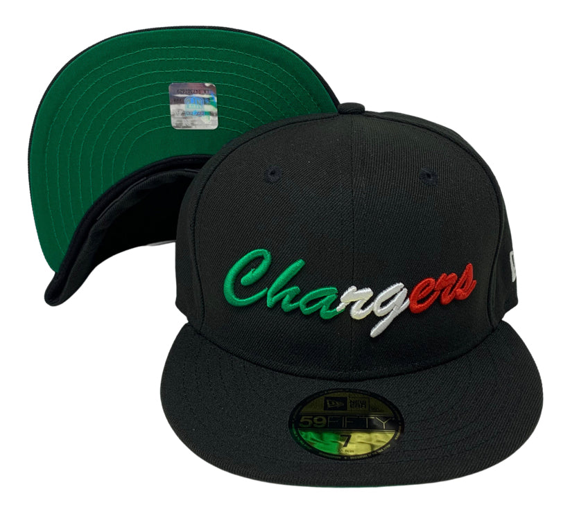 Chargers New Era Fitted 59Fifty Mexico Script Black Hat Cap Green UV - THE 4TH QUARTER