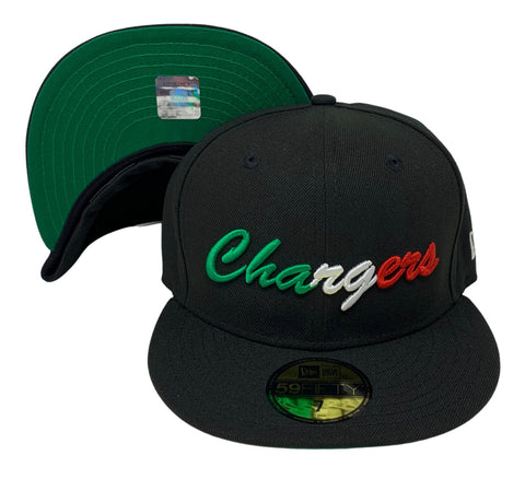 Chargers New Era Fitted 59Fifty Mexico Script Black Hat Cap Green UV