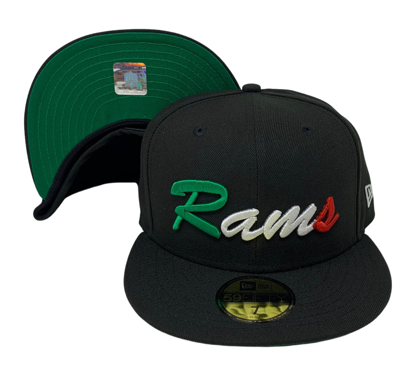 Rams New Era Fitted 59Fifty Mexico Script Black Hat Cap Green UV - THE 4TH QUARTER