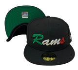 Rams New Era Fitted 59Fifty Mexico Script Black Hat Cap Green UV