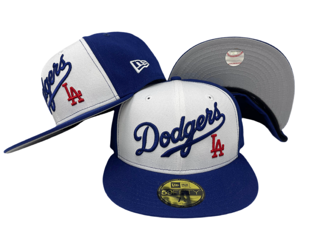 Dodgers Fitted New Era 59Fifty Wordmark LA White Blue Cap Hat Grey UV - THE 4TH QUARTER