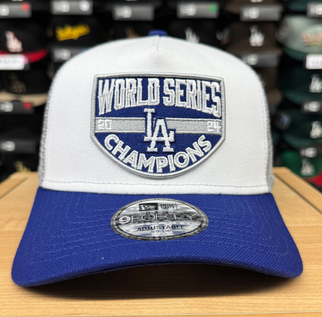 Los Angeles Dodgers A-Frame Snapback 9Forty New Era 2024 WS Champions Trucker Hat Cap - THE 4TH QUARTER