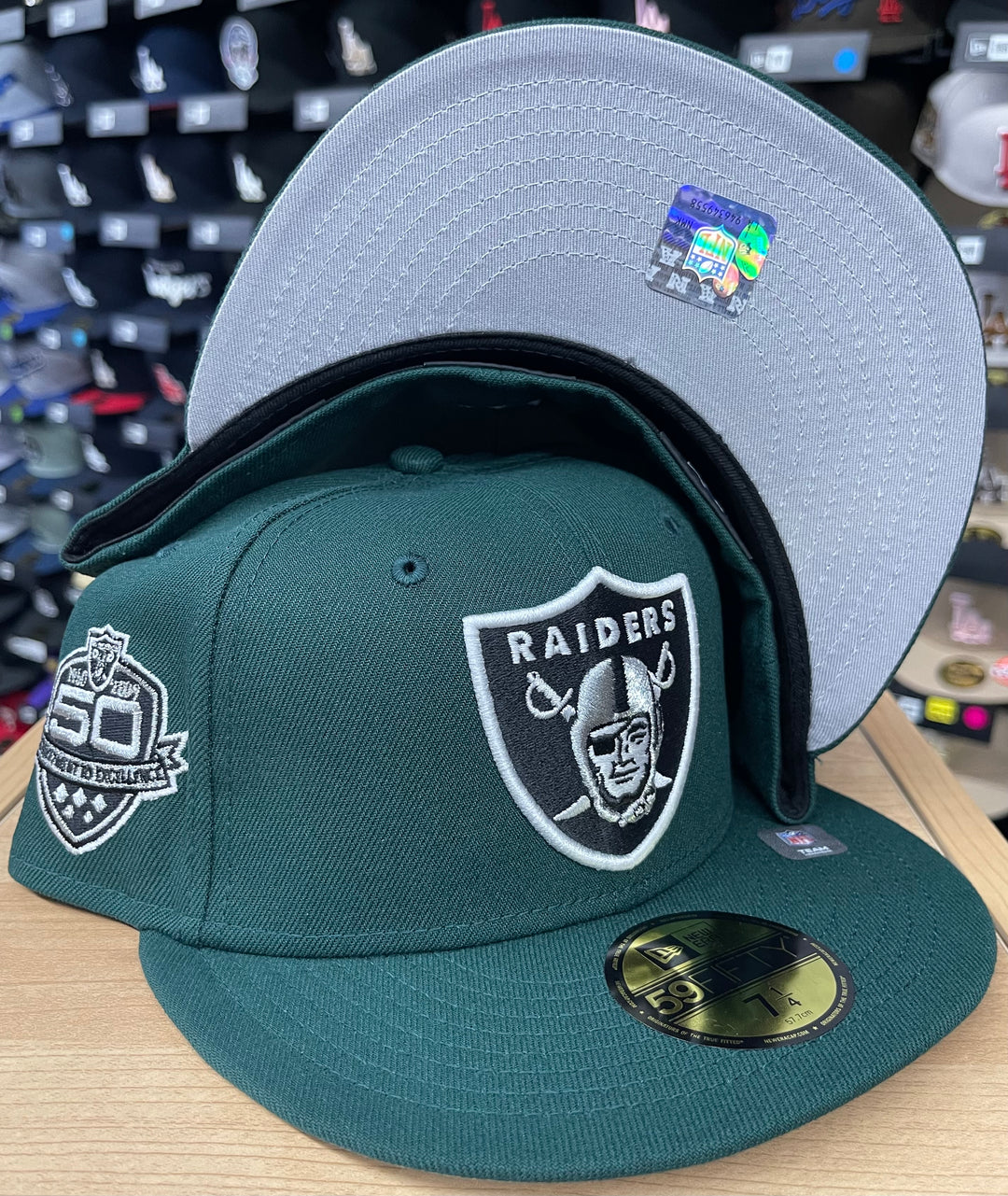 Raiders Fitted New Era 59FIFTY 50th Anniversary Dark Forest Green Cap Hat Grey UV - THE 4TH QUARTER