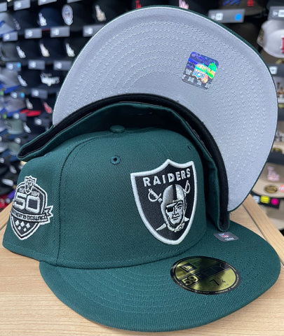 Raiders Fitted New Era 59FIFTY 50th Anniversary Dark Forest Green Cap Hat Grey UV