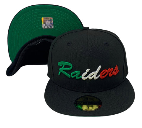 Raiders New Era Fitted 59Fifty Mexico Script Black Hat Cap Green UV