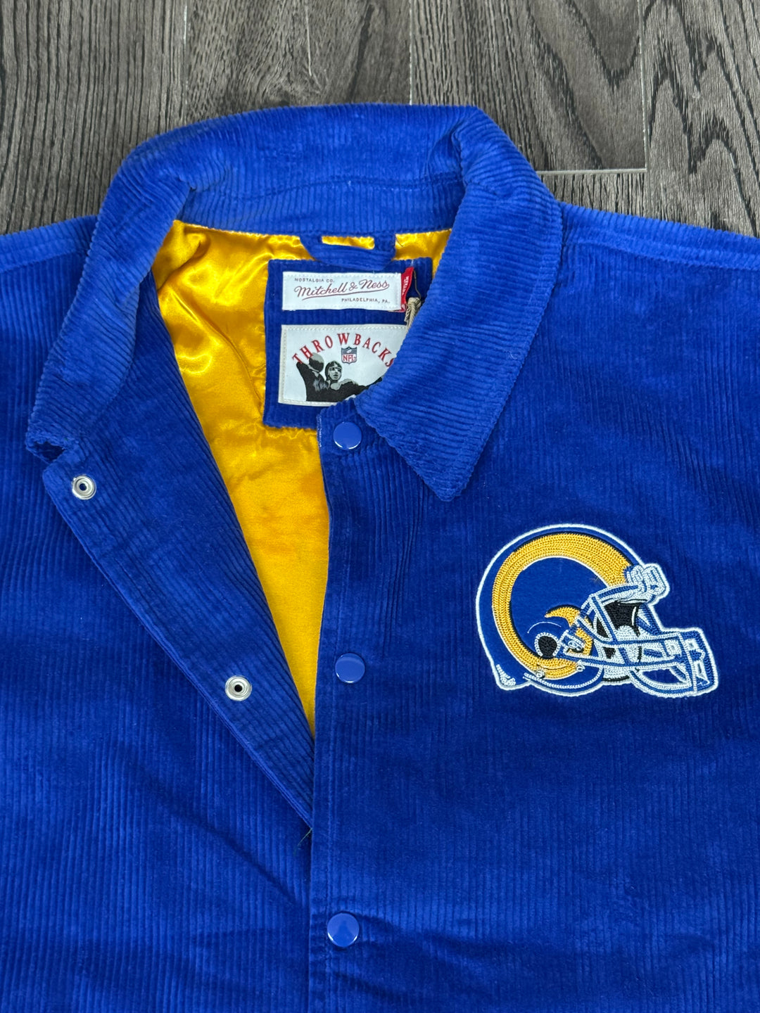 Los Angeles Rams Mens Jacket Mitchell &amp; Ness Royal Off the Bus Corduroy Coaches Full-Snap - THE 4TH QUARTER
