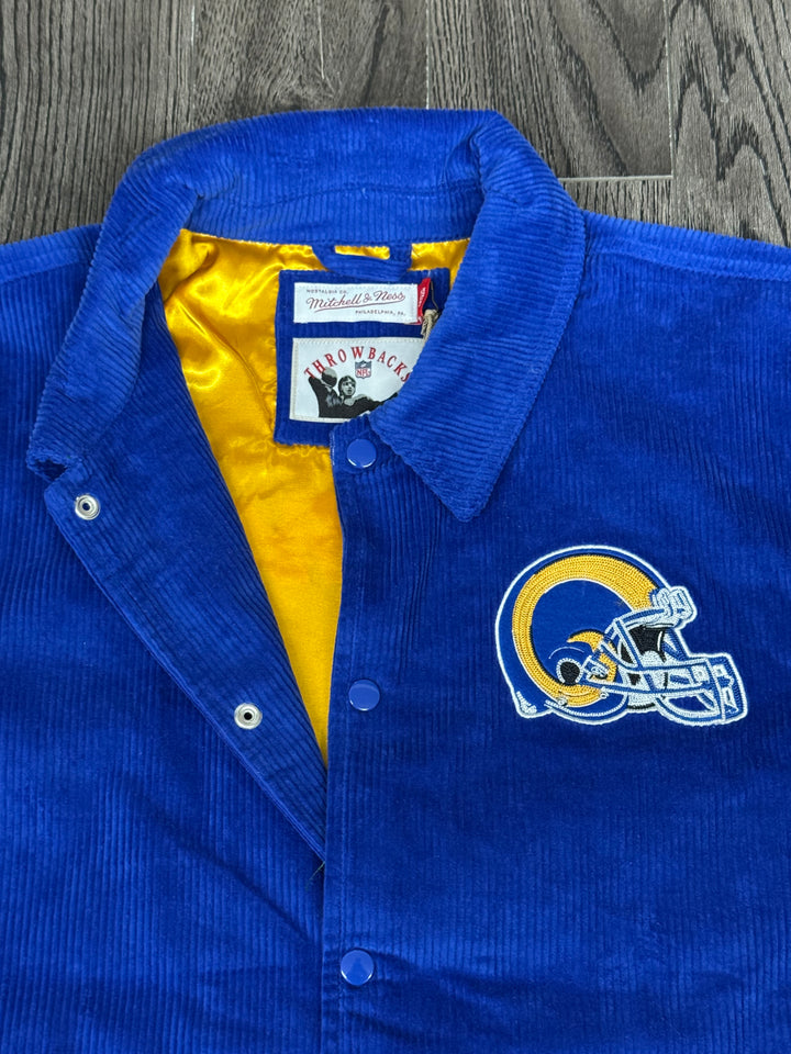 Los Angeles Rams Mens Jacket Mitchell &amp; Ness Royal Off the Bus Corduroy Coaches Full-Snap - THE 4TH QUARTER
