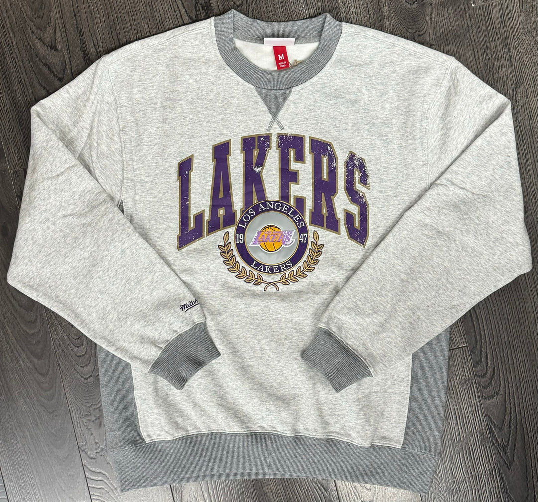 Los Angeles Lakers Mens Mitchell & Ness Vintage Logo Crew Neck Sweatshirt Grey - THE 4TH QUARTER
