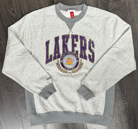 Los Angeles Lakers Mens Mitchell & Ness Vintage Logo Crew Neck Sweatshirt Grey