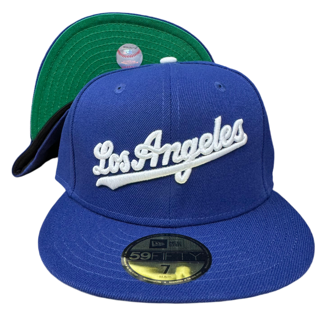Los Angeles Dodgers Fitted New Era 59Fifty City Script Blue Cap Hat. Green UV - THE 4TH QUARTER
