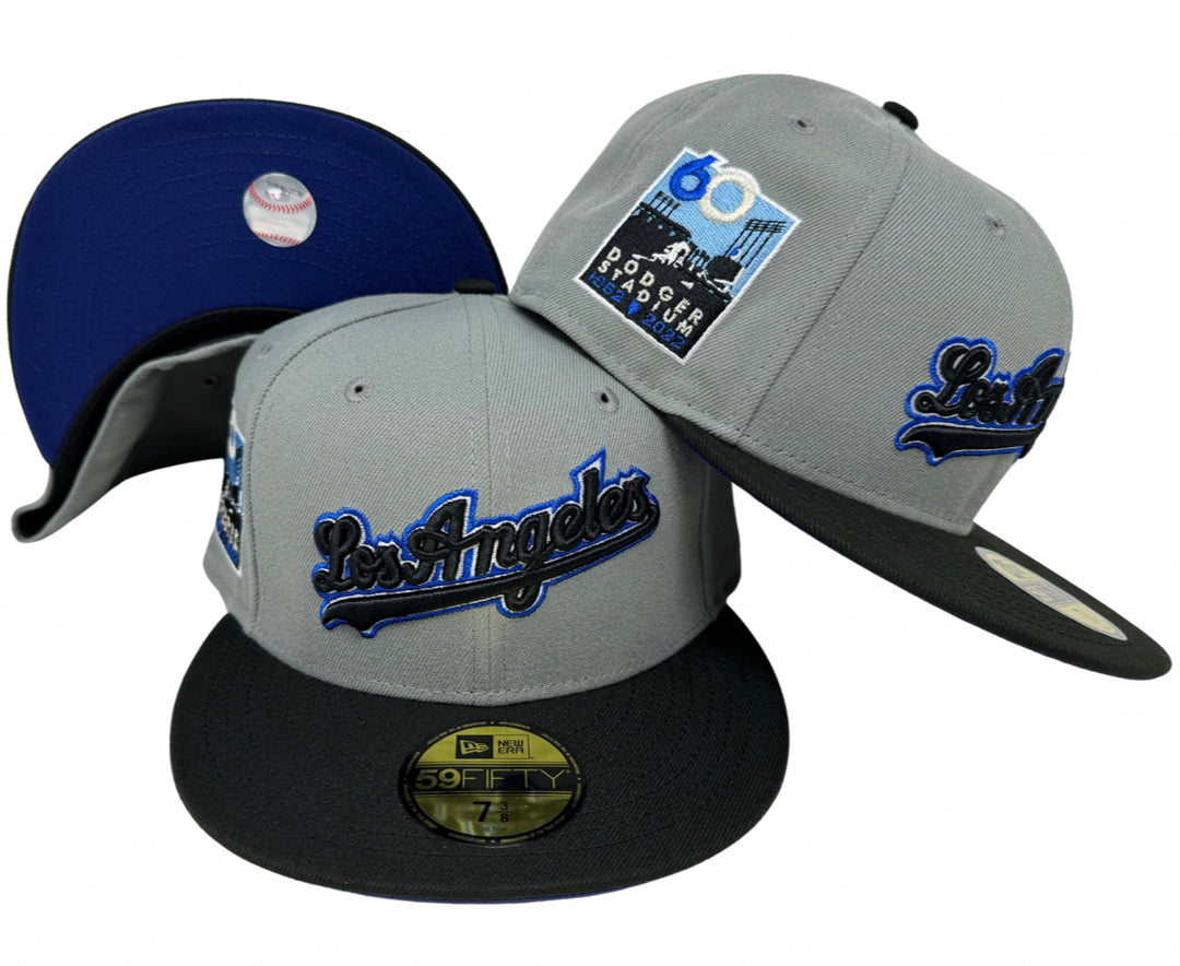 Los Angeles Dodgers New Era 59Fifty Wordmark 60th Stadium Anniv. Storm Grey Black Fitted Hat Cap Blue UV - THE 4TH QUARTER