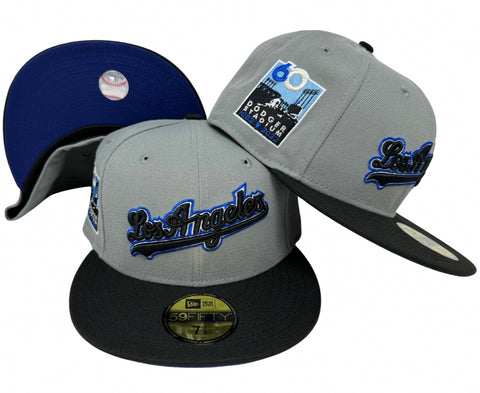 Los Angeles Dodgers New Era 59Fifty Wordmark 60th Stadium Anniv. Storm Grey Black Fitted Hat Cap Blue UV