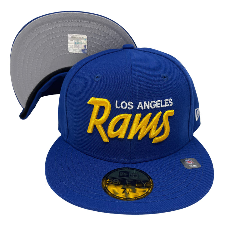 Los Angeles Rams Fitted New Era 59Fifty Script Blue Cap Hat Grey UV - THE 4TH QUARTER
