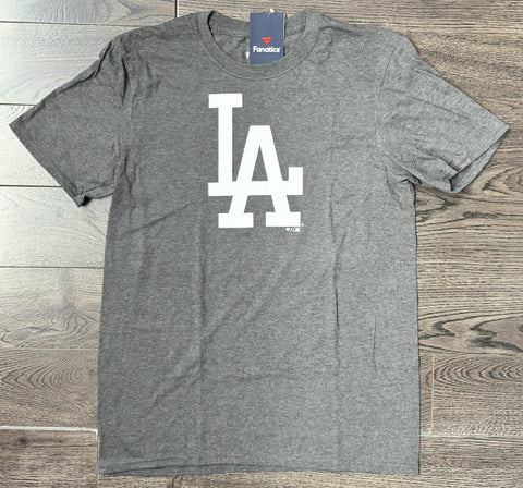 Los Angeles Dodgers Mens Fanatics T-Shirt White LA Logo Heather Grey