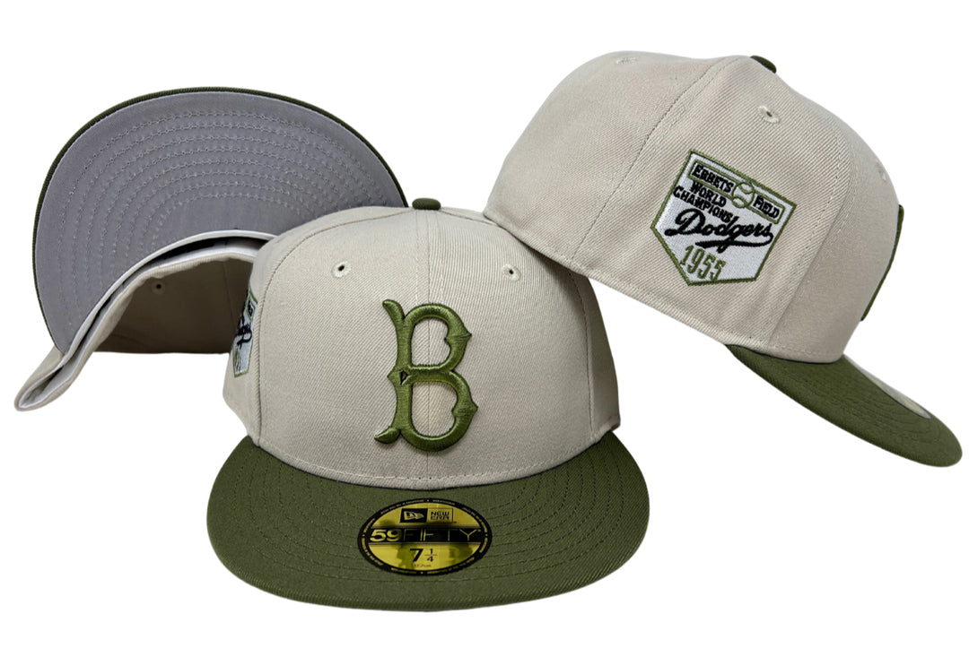 Brooklyn Dodgers Fitted New Era 59Fifty 1955 Champs Stone Olive Cap Hat GREY UV - THE 4TH QUARTER