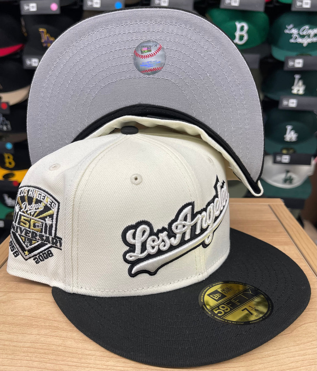 Los Angeles Dodgers Fitted New Era 59FIFTY 50th Anniv. City Script Chrome Black Cap Hat Grey UV - THE 4TH QUARTER