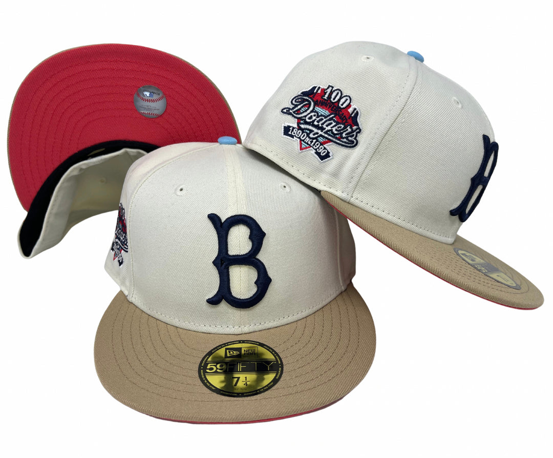 Brooklyn Dodgers New Era Fitted 59Fifty 100th Anniversary Chrome Camel Hat Cap Coral UV - THE 4TH QUARTER