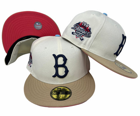Brooklyn Dodgers New Era Fitted 59Fifty 100th Anniversary Chrome Camel Hat Cap Coral UV
