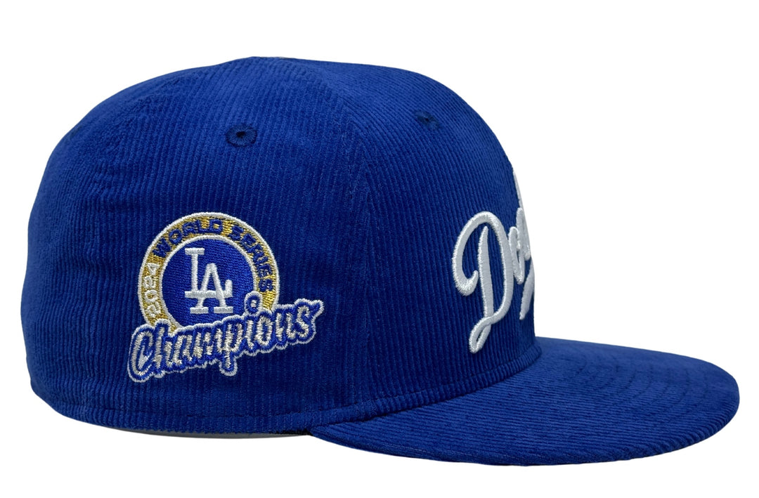 Los Angeles Dodgers Wordmark Fitted New Era 59Fifty 2024 WSC Circle Blue Corduroy Cap Hat Grey UV - THE 4TH QUARTER