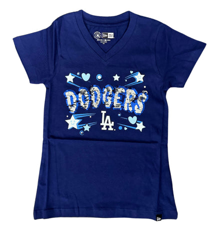 Los Angeles Dodgers Kids Youth T-Shirt New Era Girls (4-14) V-Neck Blue Sequence Tee