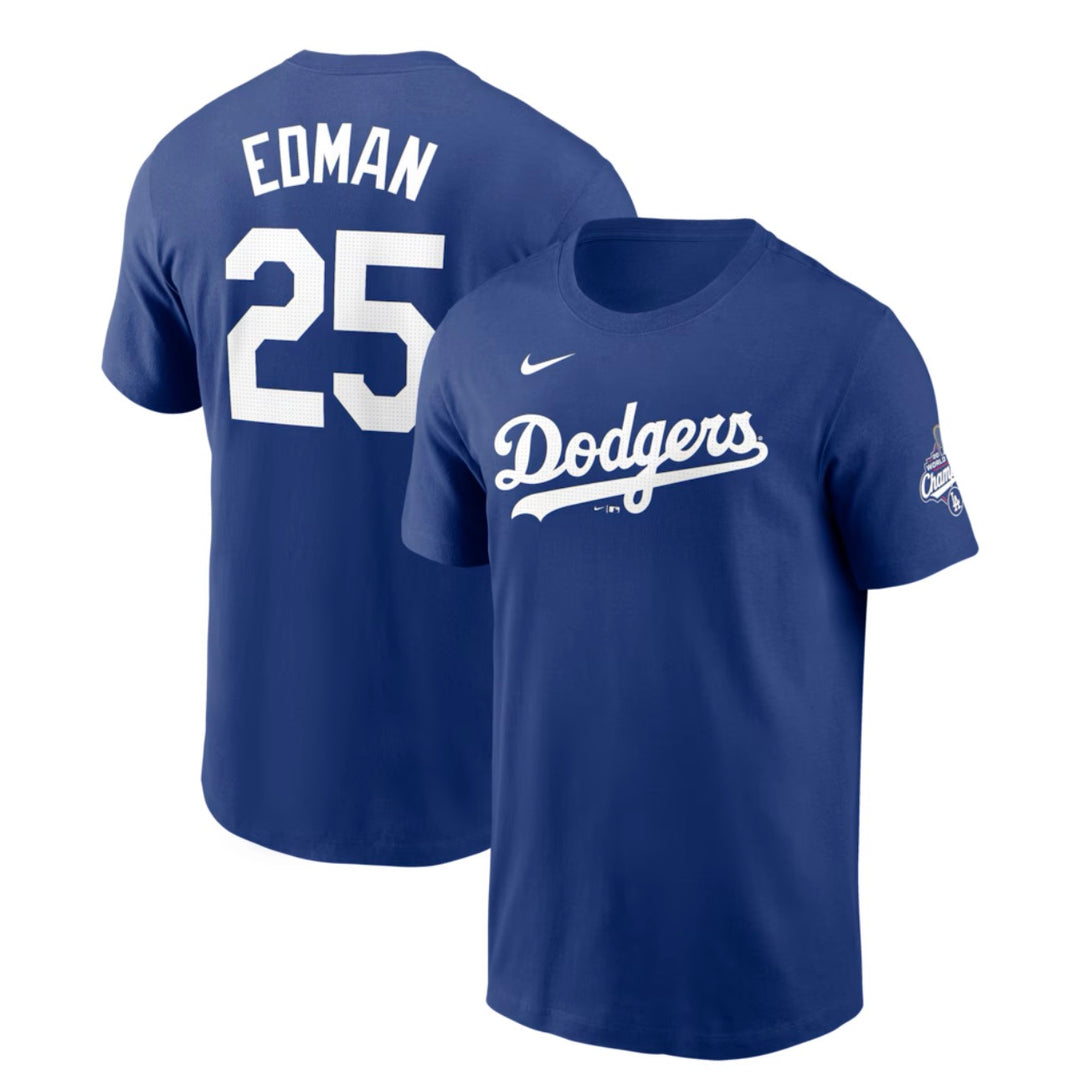 Tommy Edman Los Angeles Dodgers 2025 World Series Champions Name & Number T-Shirt - Royal - THE 4TH QUARTER