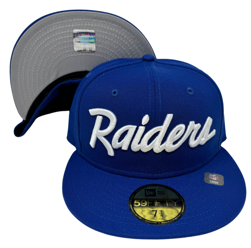 Raiders Fitted New Era 59Fifty Script Royal Blue Cap Hat Grey UV - THE 4TH QUARTER
