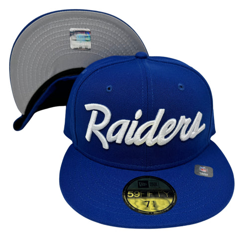 Raiders Fitted New Era 59Fifty Script Royal Blue Cap Hat Grey UV