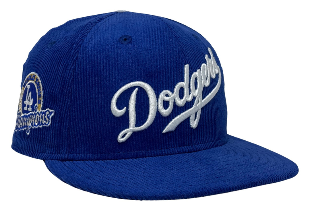 Los Angeles Dodgers Wordmark Fitted New Era 59Fifty 2024 WSC Circle Blue Corduroy Cap Hat Grey UV - THE 4TH QUARTER