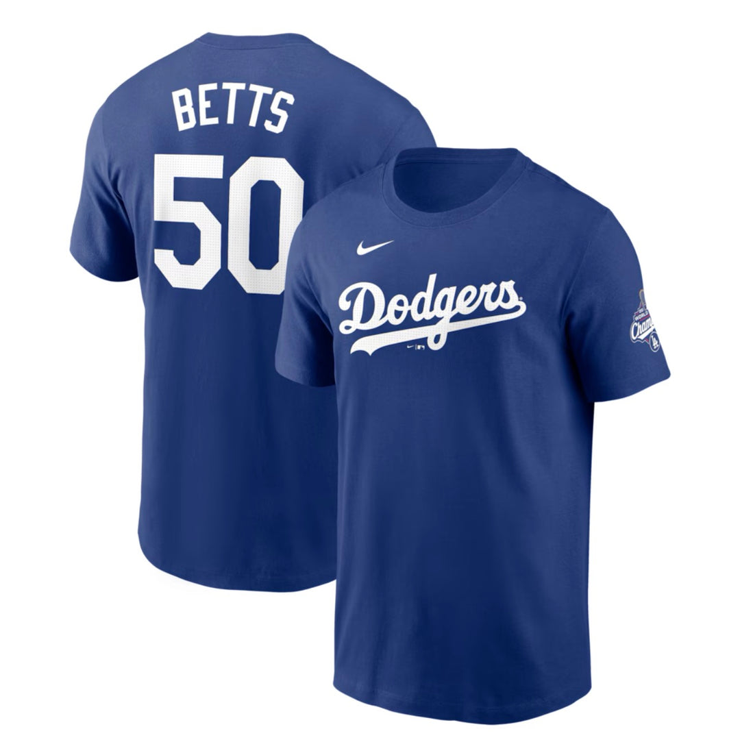 Mookie Betts Los Angeles Dodgers 2025 World Series Champions Name & Number T-Shirt - Royal - THE 4TH QUARTER