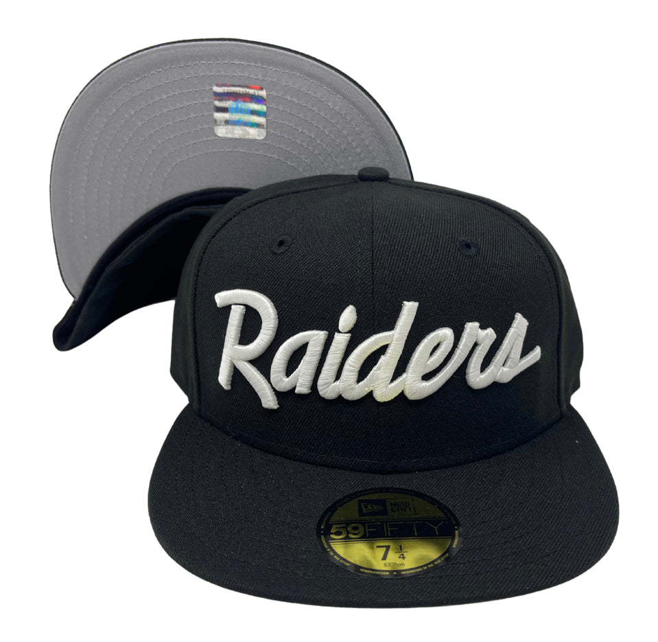 Raiders Glow in the Dark Fitted New Era 59Fifty Script Black Cap Hat Grey UV - THE 4TH QUARTER