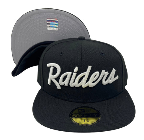 Raiders Glow in the Dark Fitted New Era 59Fifty Script Black Cap Hat Grey UV