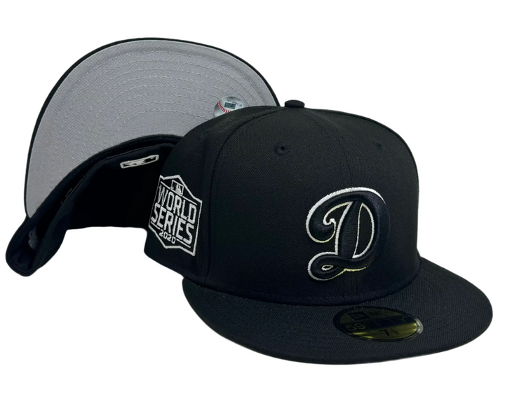 Dodgers Fitted New Era 59Fifty 2020 World Series Black D Logo Hat Cap Grey UV - THE 4TH QUARTER